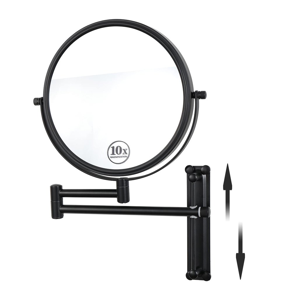 8-inch Wall Mounted Makeup Vanity Mirror, Height Adjustable, 1X / 10X Magnification Mirror, 360 Swivel with Extension Arm (Black)