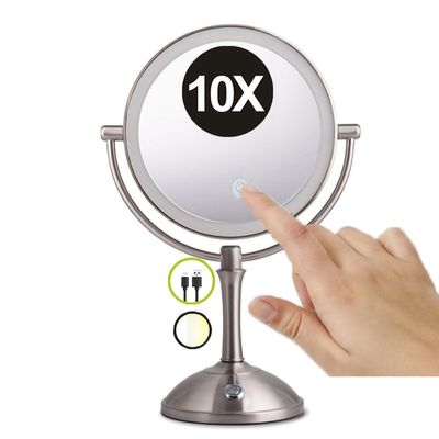 8 Inch Nickel Standing Tabletop Makeup Vanity Mirror with 3-Color LED Dimmable, Rechargeable Double Side Rotatable Beauty Cosmetic Mirror, HD Magnification Shaving Mirror for Table Desk,10X