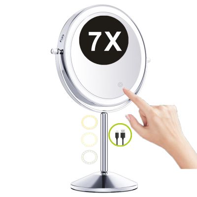 7 Inch Standing Tabletop Makeup Vanity Mirror with 3-Color LED Touch Dimmable, Double Side Rotatable Beauty Cosmetic Mirror, USB HD Magnification Shaving Mirror for Bathroom Hotel,Silver,7X