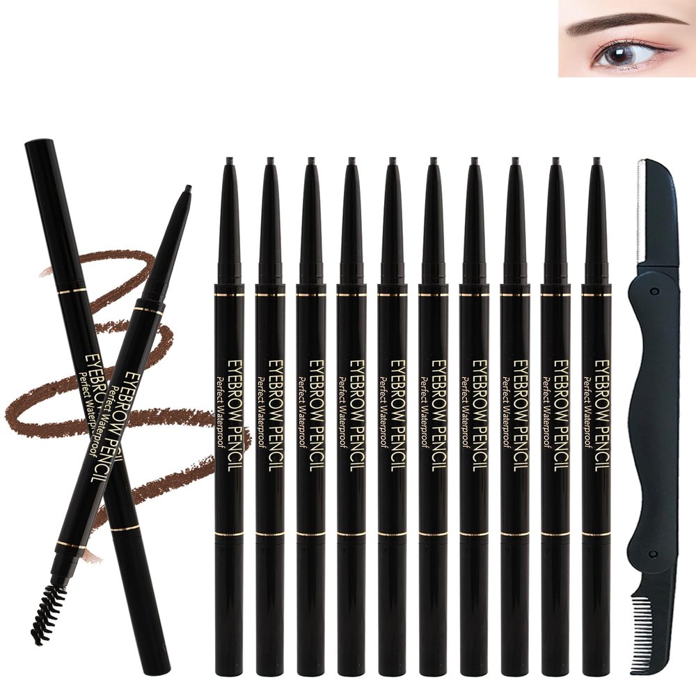 12Pcs Waterproof Brown Eyebrow Pencil Set, Professional Brow Micro Eyebrow Retractable Pencil, Ultra Fine Long Lasting for Perfect Eye Liner Brows Women Eye Makeup Shaping & Filling Brow Gel Pen- 03