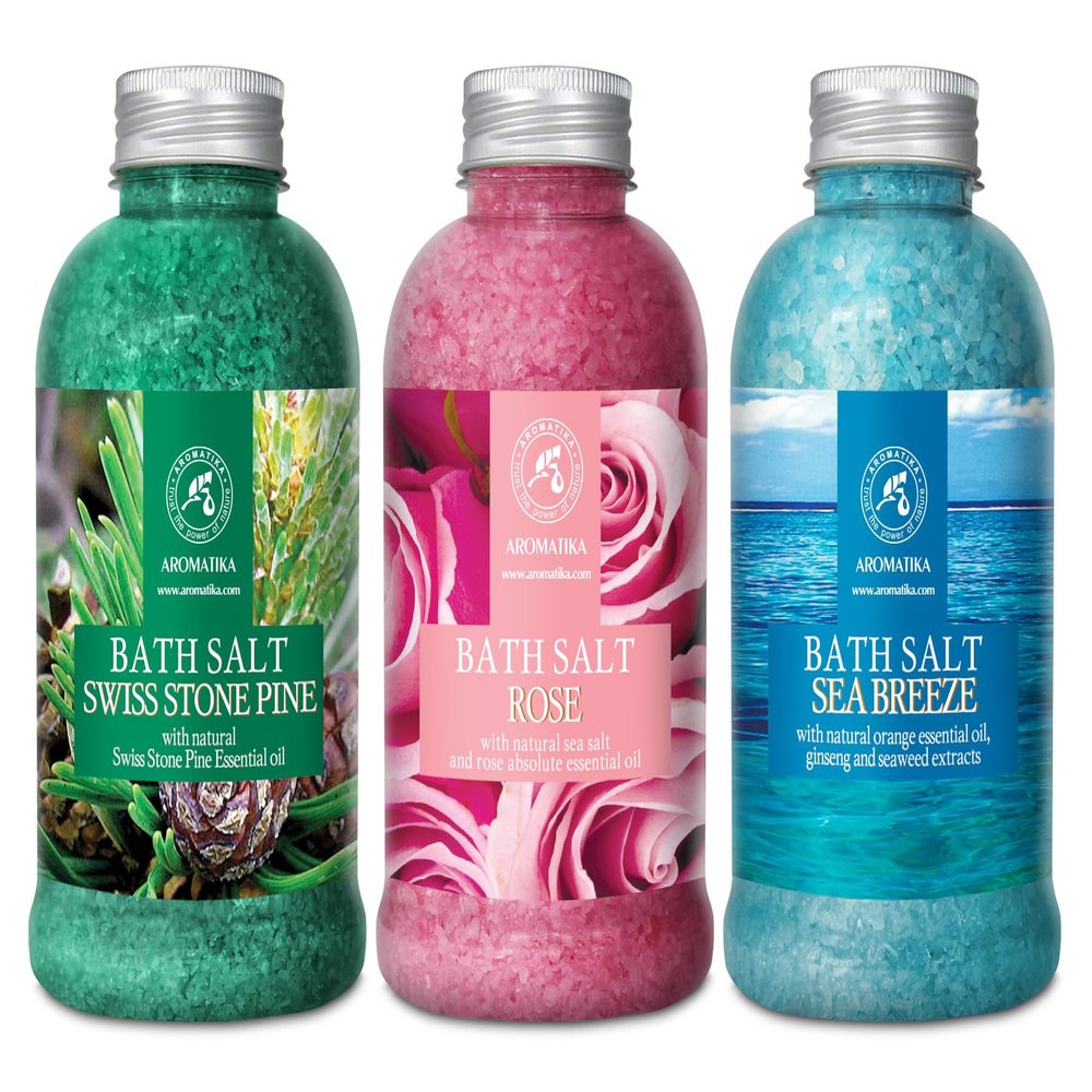 Bath Salts Swiss Stone Pine, Rose, Sea Breeze - Set 3 * 21.16 Oz (600g) - Bath Soak - Natural Sea Salt - Body Care - Beauty - Wellness - Relaxation - Aromatherapy Bath Salts
