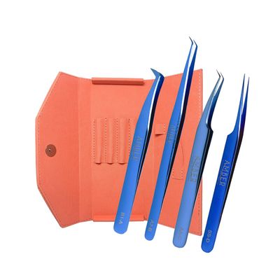 Amber Lash Tweezers and Faux Leather Case for Eylash Extension Professionals, 4 Diffrent Shaped Tweezers Set for Lash Extension