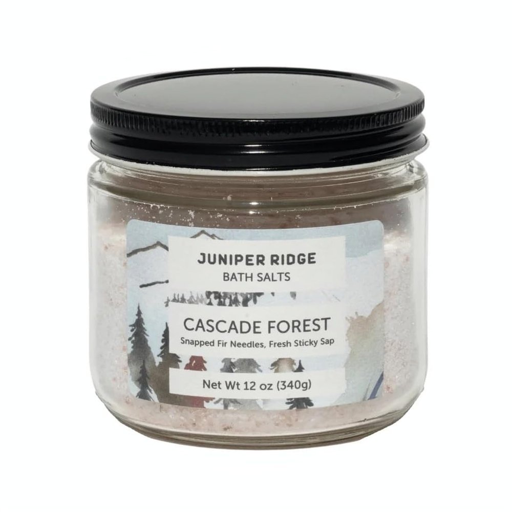 Juniper Ridge Bath Salts - Natural Aromatic Soaking Salt Blend with Steam-Distilled Essential Oils & Botanicals - 12oz Glass Jar (Cascade Forest)