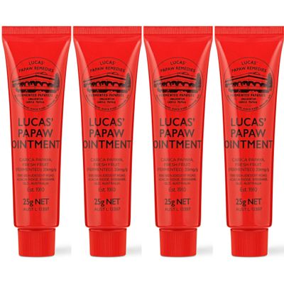 Treats from Home Lucas Pawpaw Lip Ointment, Lucas Pawpaw Cream, Lucas Pawpaw Ointment for Lips & Dry Skin - Unique All Skin Types, All Gender- Any Season Gift Pack with 4 x 25g Pawpaw Balm, Red