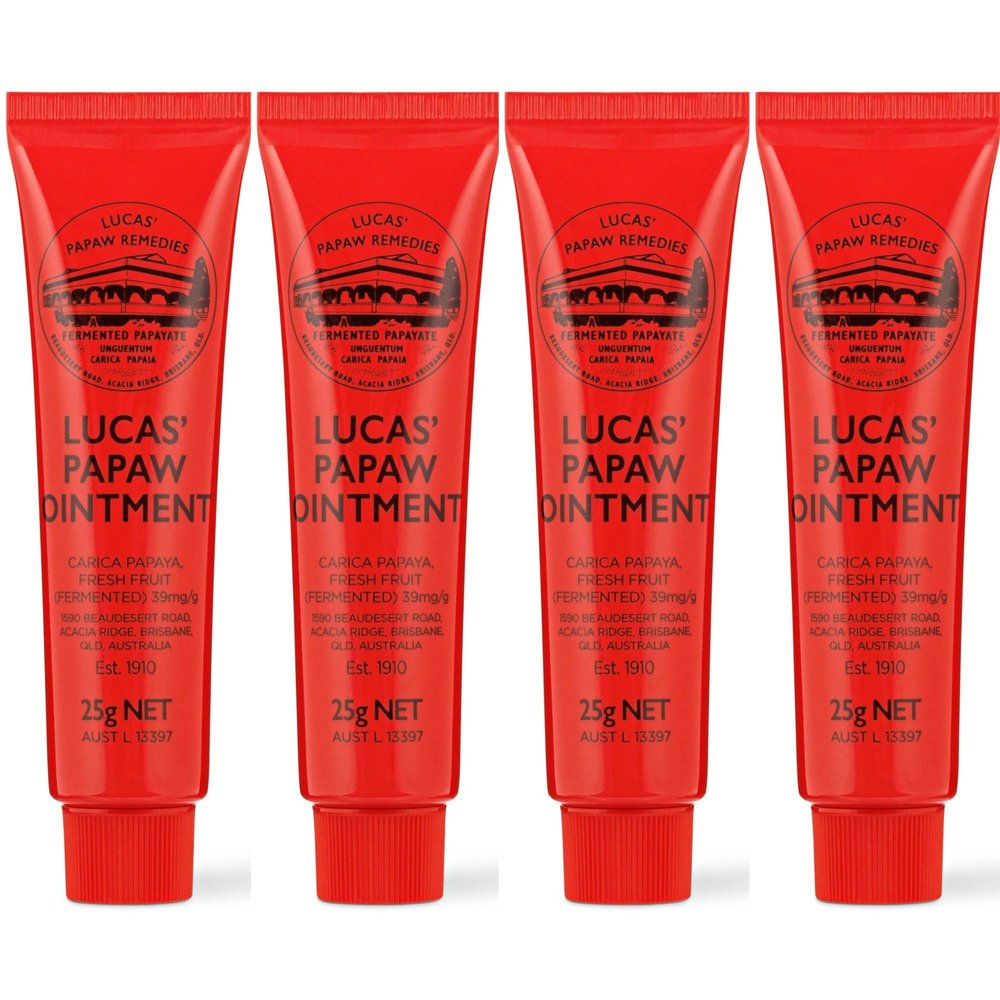 Treats from Home Lucas Pawpaw Lip Ointment, Lucas Pawpaw Cream, Lucas Pawpaw Ointment for Lips & Dry Skin - Unique All Skin Types, All Gender- Any Season Gift Pack with 4 x 25g Pawpaw Balm, Red