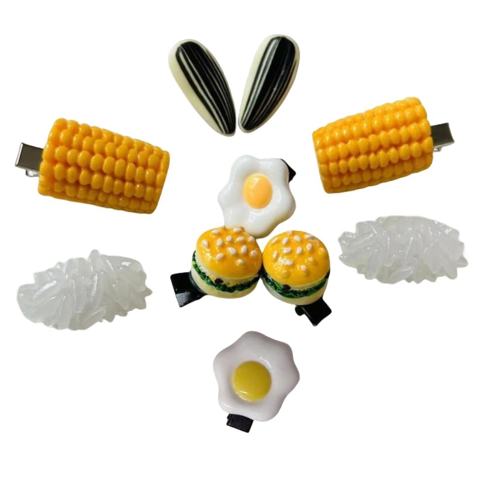 10Pcs Food Hair Clips, 5 Pairs Novelty Hair Clips Kawaii Hamburger Poached Egg Corn Melon Seeds Rice Shape Hairpin for Girls Women Hair Styling