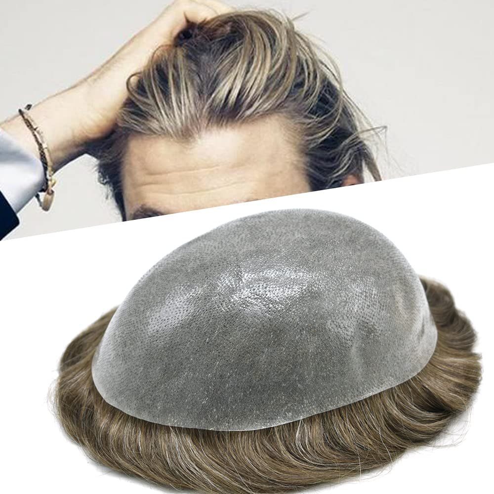 Toupee Hair Replacement For Mens Toupee Real Human Hair Piece Toupee Hair System Men Hairpieces Full Poly Protesis Capilar Para Hombre 8''X10'' #1710#17 Dark Ash Blonde+10% Grey