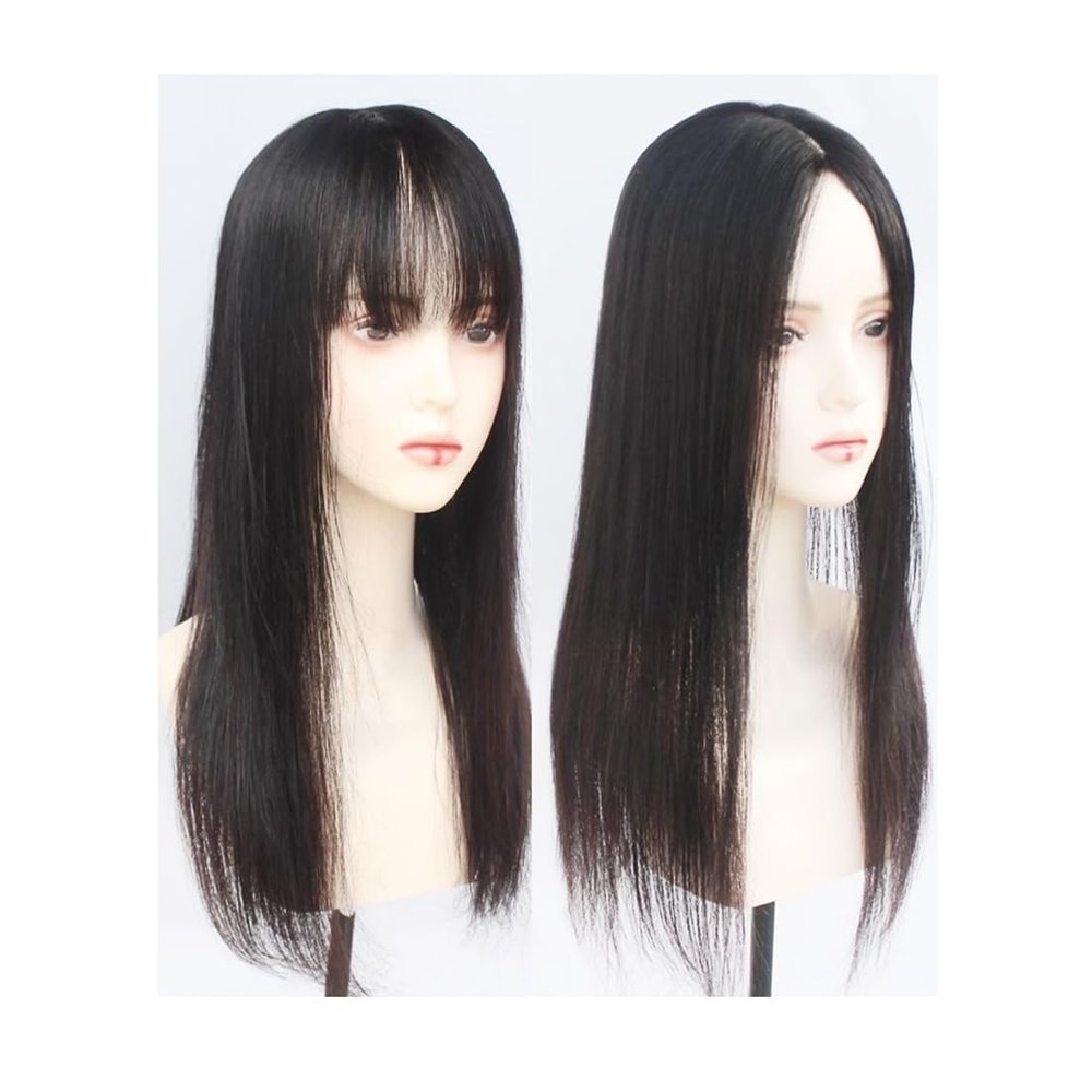 14 * 16 Black Human Hair Middle Part Long Air Bangs for White Hair with Thinning Hair Four Clips Clip in Hair Toppers for Woman Hair Loss Hairpiece (Natural black,50cm/20inch With Bangs)