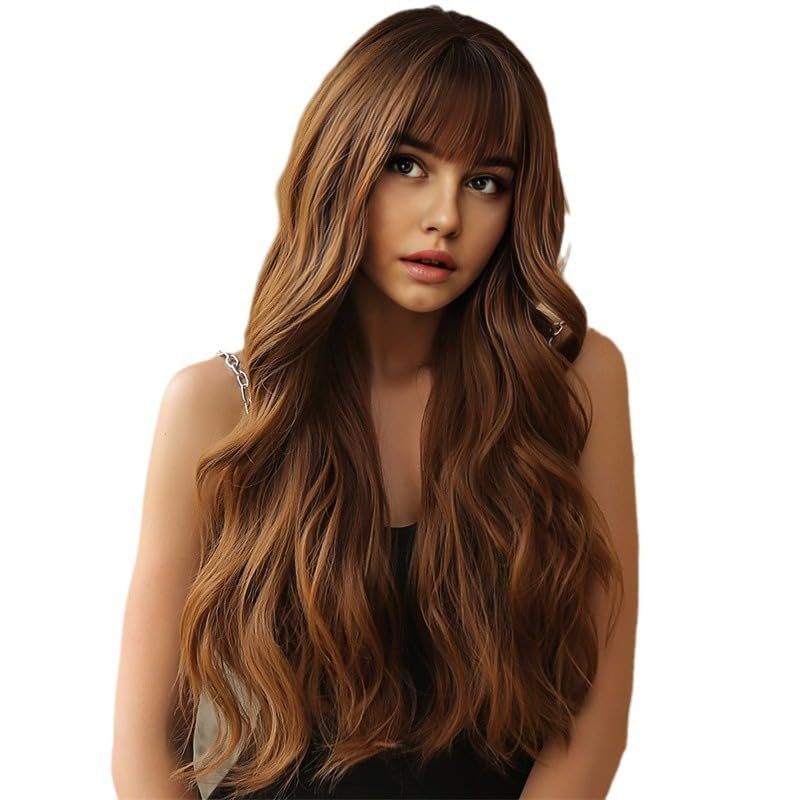 KaZio 1PCS 28inch, Long Curly Hair for Women, Full Bangs and Imitation Hair, Middle Brown Big Wavy High Temperature Resistant Full Hood