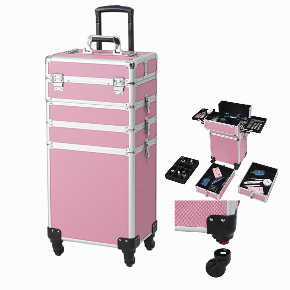 4-in-1 Makeup Rolling Train Case,Pull Rod Style Aluminum Rolling Makeup Case,Removable Layers,Professional Cosmetic Train Suitcase Portable Artist Trolley Cosmetic Organizer with 4 Wheels and Locks