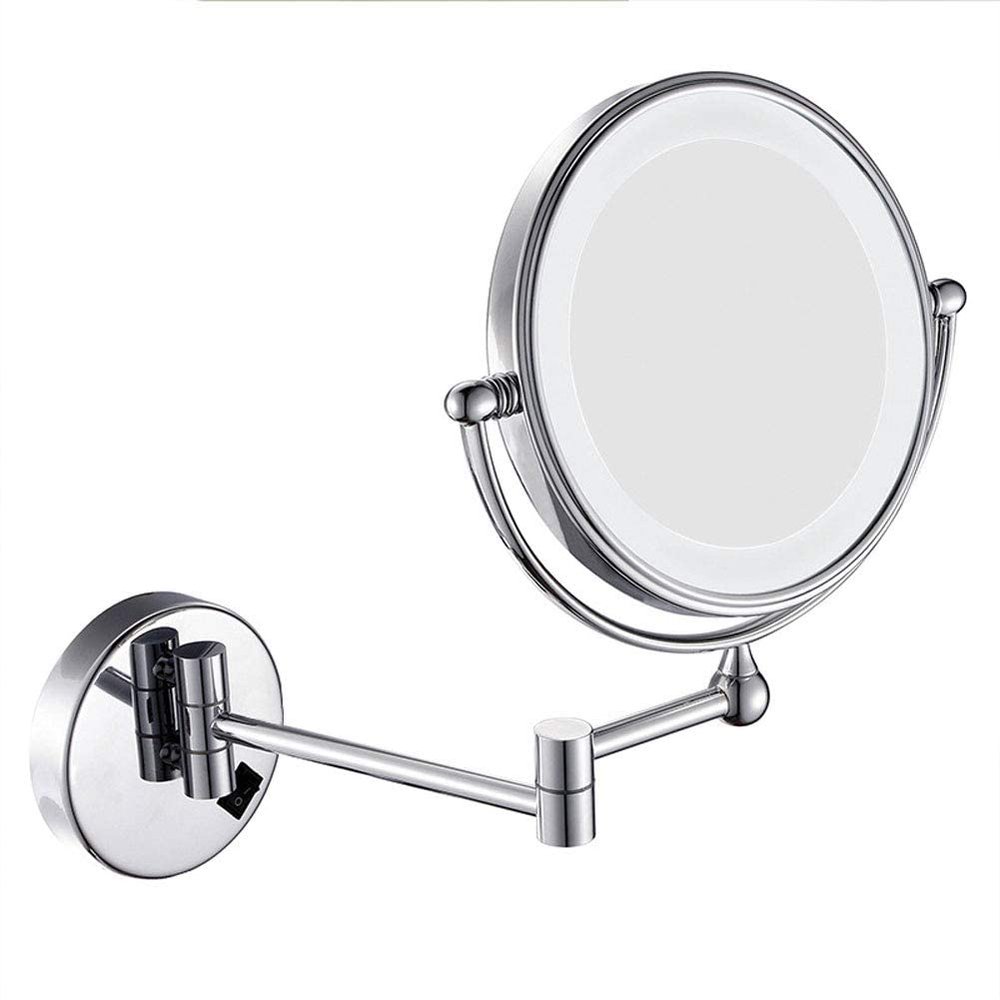 8-Inch LED Lighted Wall Mount Makeup Mirror, Two-Sided Extension Wall Mount Mirror, 360 Degree Swivel Bathroom Mirror, 12-Inch Extension, 5X Magnification, Chrome Bedroom Bathroom,Silver,8InchPlug