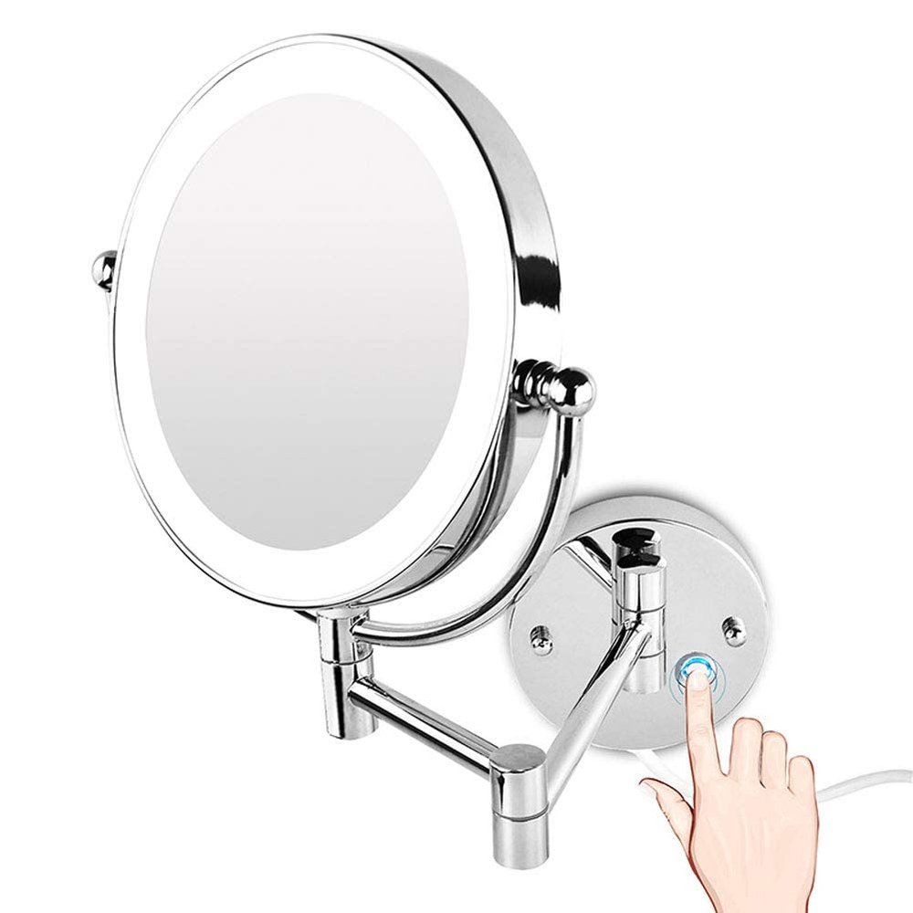 8.5-Inch LED Lighted Wall Mount Makeup Mirror, Two-Sided Extension Wall Mount Mirror, 360 Degree Swivel Bathroom Mirror, 12-Inch Extension, Brass, Round, Bedroom Or Bathroom (Size : Plug3x)