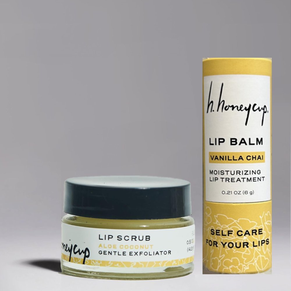 H. Honeycup 2 Piece Luxe Lip Care Bundle, Coconut Lip Scrub .50 oz + Vanilla Lip Balm .21 oz, Gently Polish and Moisturize Lips, Self-Care Gift, Sustainable Glass Jar and Paper Tube