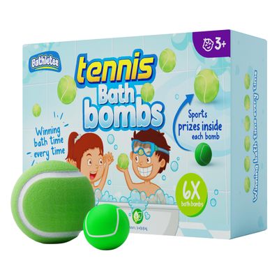 Bathletes 6pc Sporty Kids Bath Bombs with Surprise Inside - Perfect for Birthdays, Holidays (Tennis)