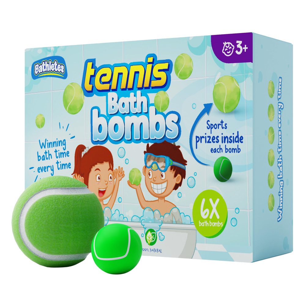 Bathletes 6pc Sporty Kids Bath Bombs with Surprise Inside - Perfect for Birthdays, Holidays (Tennis)