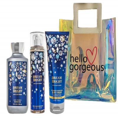 Bath & Body Works - 3 Piece Bundle - Spray - Body Cream - Shower Gel - Full Size and Gift Bag HELLO GORGEOUS (Dream Bright)