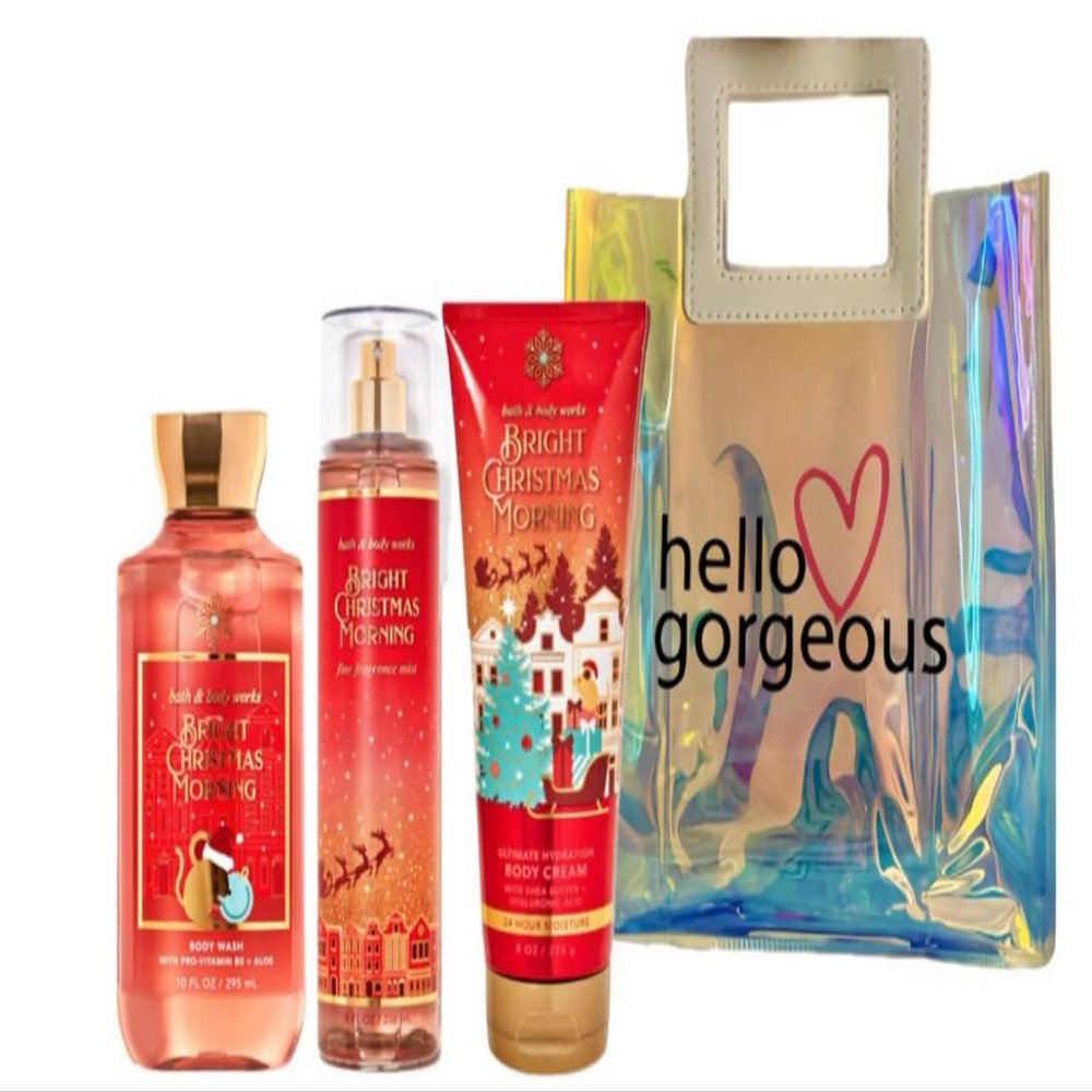 Bath & Body Works - 3 Piece Bundle - Spray - Body Cream - Shower Gel - Full Size and Gift Bag HELLO GORGEOUS (Bright Christmas Morning)
