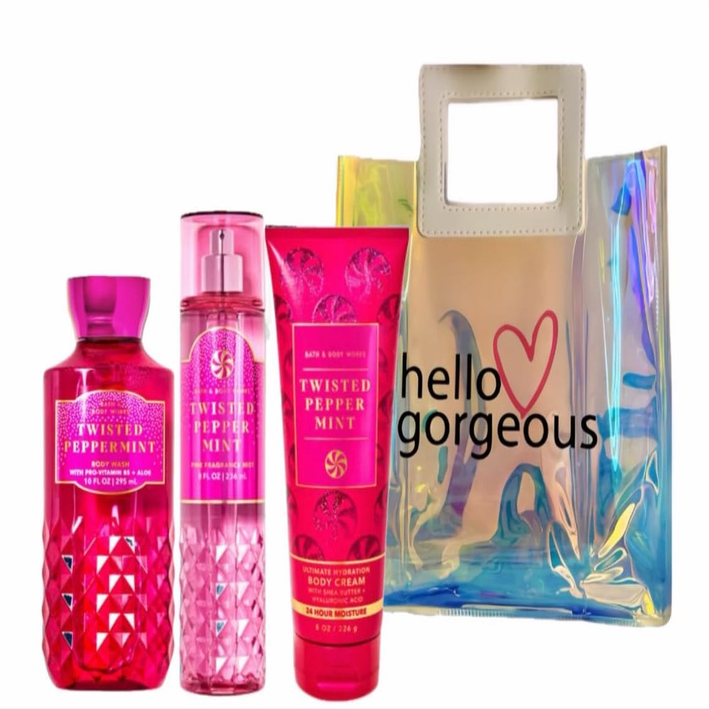 Bath & Body Works - 3 Piece Bundle - Spray - Body Cream - Shower Gel - Full Size and Gift Bag HELLO GORGEOUS (Twisted Peppermint)