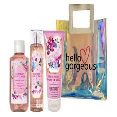 Bath & Body Works - 3 Piece Bundle - Spray - Body Cream - Shower Gel - Full Size and Gift Bag HELLO GORGEOUS (Strawberry Snowflakes)