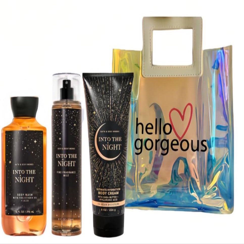 Bath & Body Works - 3 Piece Bundle - Spray - Body Cream - Shower Gel - Full Size and Gift Bag HELLO GORGEOUS (Into The Night)