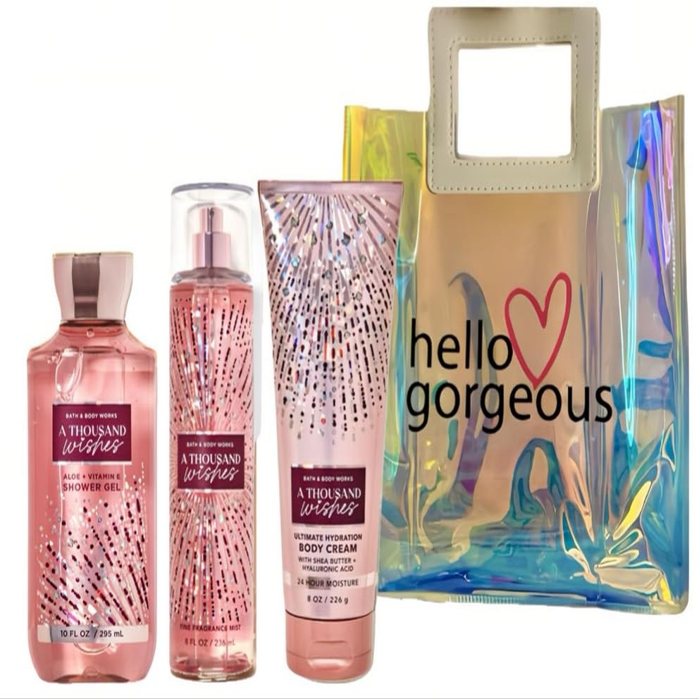 Bath & Body Works - 3 Piece Bundle - Spray - Body Cream - Shower Gel - Full Size and Gift Bag HELLO GORGEOUS (A Thousand Wishes)