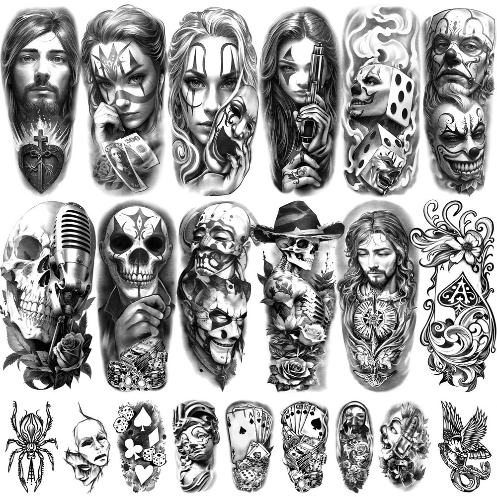 77 Sheets Chicano Temporary Tattoos Adult Large Cholo Chola Chicano Gangster Joker Tattoos, Clown Prisoner Fake Tattoos Sleeve, Rapper Tattoos Stickers for Men Women Teens
