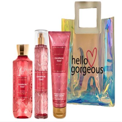 Bath & Body Works - 3 Piece Bundle - Spray - Body Cream - Shower Gel - Full Size and Gift Bag HELLO GORGEOUS (Champagne Toast)