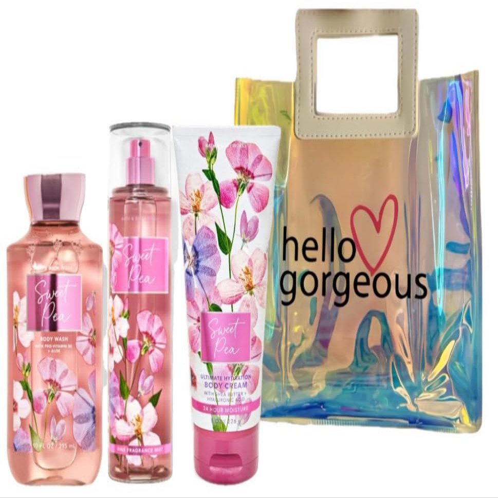 Bath & Body Works - 3 Piece Bundle - Spray - Body Cream - Shower Gel - Full Size and Gift Bag HELLO GORGEOUS (Sweet Pea)