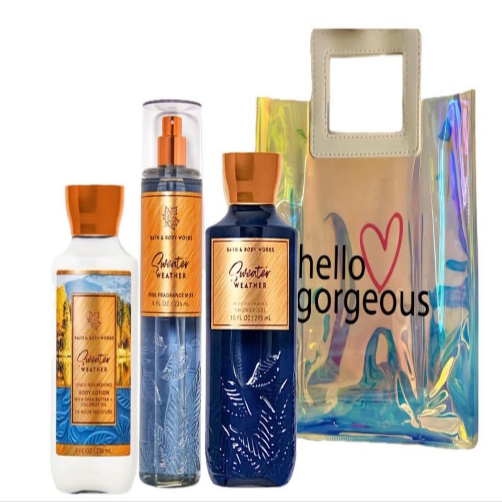 Bath & Body Works - 3 Piece Bundle - Spray - Body Lotion - Shower Gel - Full Size and Gift Bag HELLO GORGEOUS (Sweater Weather)