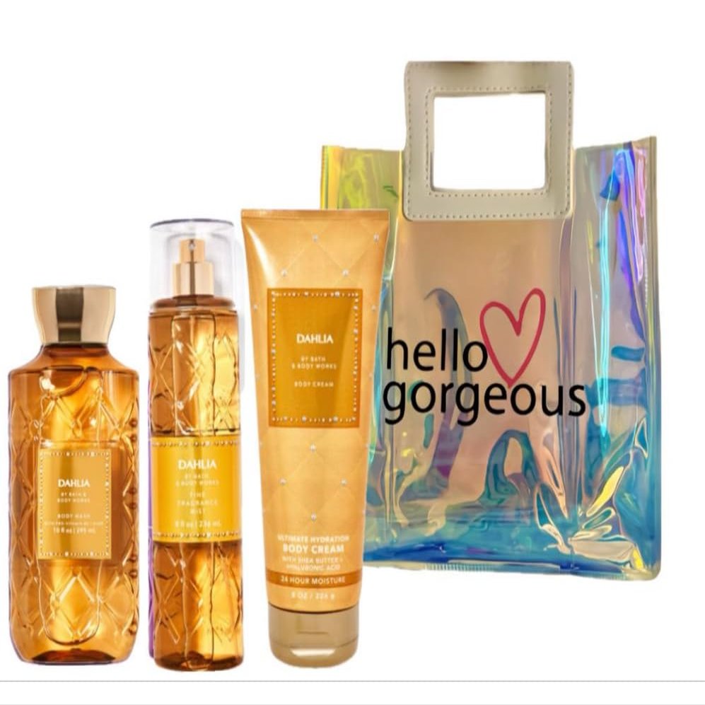 Bath & Body Works - 3 Piece Bundle - Spray - Body Cream - Shower Gel - Full Size and Gift Bag HELLO GORGEOUS (Dahlia)