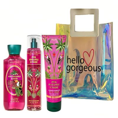 Bath & Body Works - 3 Piece Bundle - Spray - Body Cream - Shower Gel - Full Size and Gift Bag HELLO GORGEOUS (Pink Pineapple Sunrise)