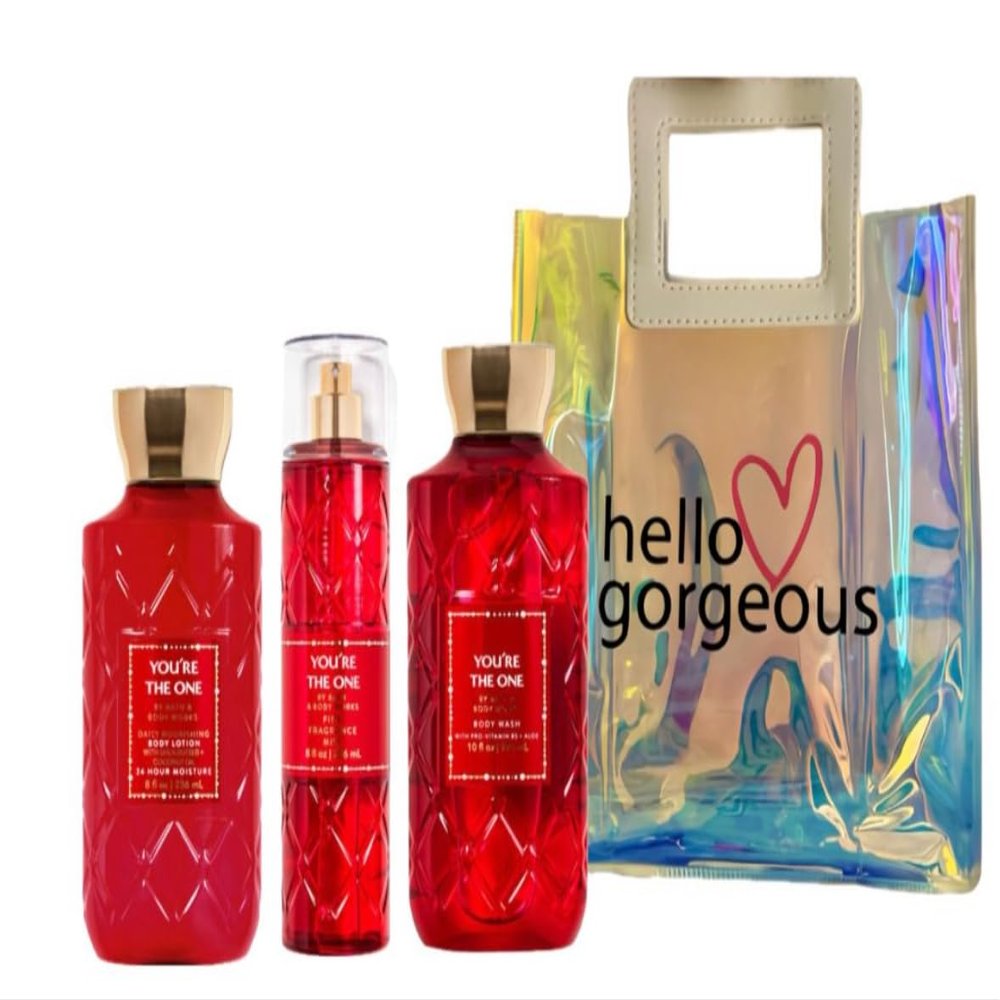 Bath & Body Works - 3 Piece Bundle - Spray - Body Lotion - Shower Gel - Full Size and Gift Bag HELLO GORGEOUS (You're The One)
