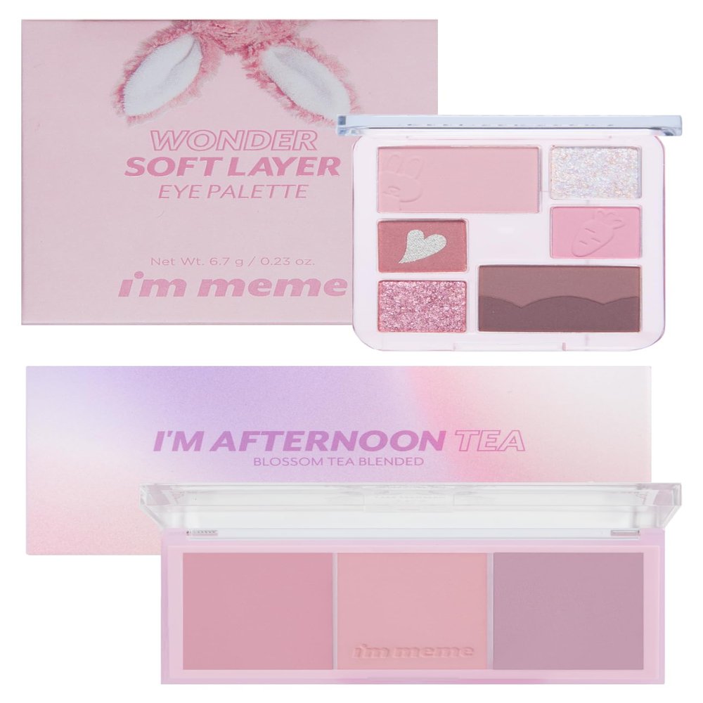 I'M MEME Wonder Soft Layer Palette 02 My Bunny, 0.23 Oz + Afternoon Tea Blusher | Blossom Tea, 0.4oz Bundle
