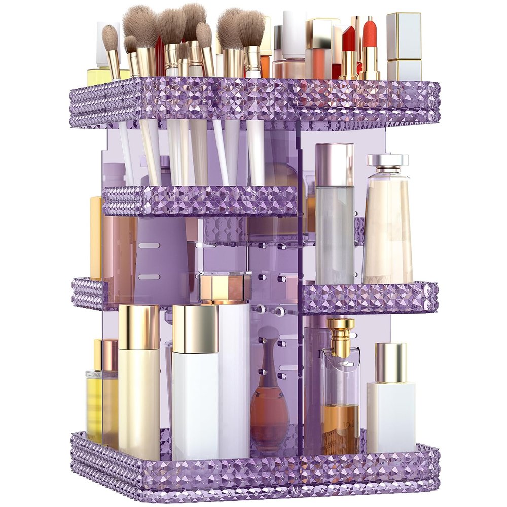 BOCONY Rotating Makeup Organizer, Large Capacity Cosmetic Display Case, Acrylic Skincare Organizer with Makeup Brush, Makeup Storage Organizer for Dresser Countertop and Bathroom Vanity - Purple