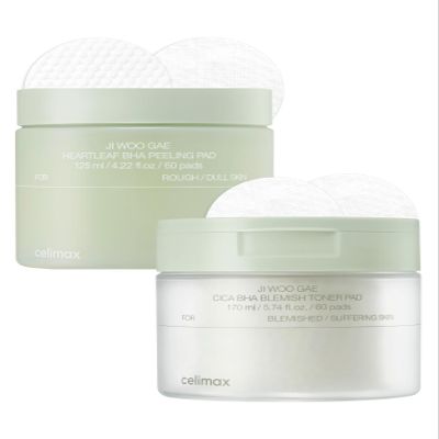 celimax Ji.Woo.Gae Heartleaf BHA Peeling Pad(60 pads) + Ji.Woo.Gae Cica BHA Blemish Toner Pad (60 Pads) Bundle