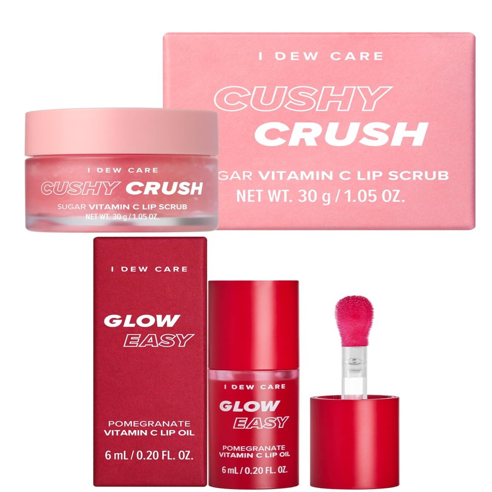 I DEW CARE Lip Scrub - Cushy Crush, 1.05 oz. + Lip Oil - Glow Easy Pomegranate, 0.20 Fl Oz Bundle
