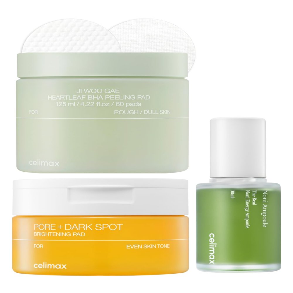 celimax Ji.Woo.Gae Heartleaf BHA Peeling Pad(60 pads) + Ji.Woo.Gae Pore+Dark Spot Brightening Pad(40 pads) + Noni Energy Ampoule 30ml Bundle