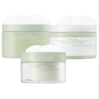 celimax Ji.Woo.Gae Heartleaf BHA Peeling Pad(60 pads) + ONE STEP Body Brightening Pad 110ml (60 pads) + Ji.Woo.Gae Cica BHA Blemish Toner Pad (60 Pads) Bundle
