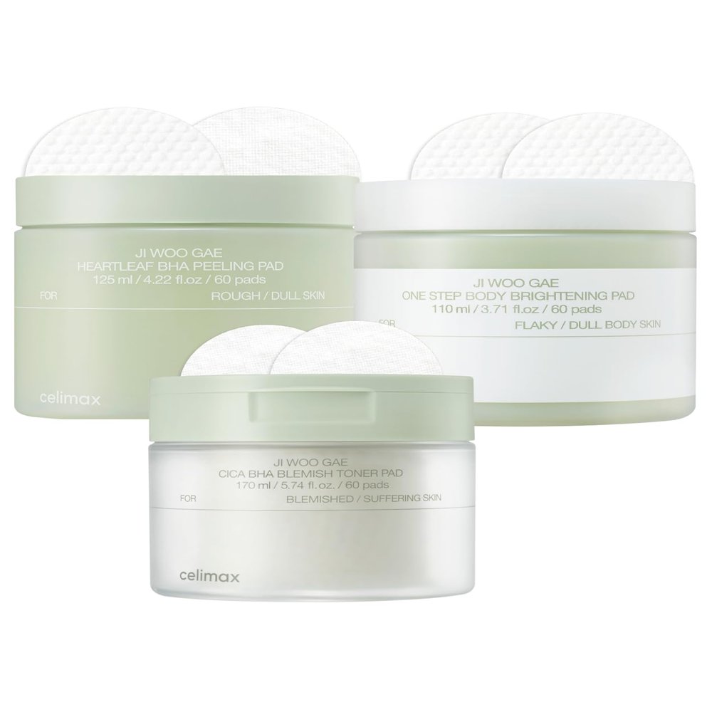 celimax Ji.Woo.Gae Heartleaf BHA Peeling Pad(60 pads) + ONE STEP Body Brightening Pad 110ml (60 pads) + Ji.Woo.Gae Cica BHA Blemish Toner Pad (60 Pads) Bundle