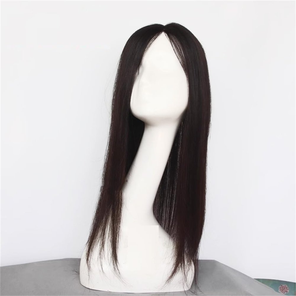 13 * 13 Human Hair Middle Bangs for Woman for Hair Toppers Traceless for White Hair Black Long Straight for Hair Loss (Natural black,45CM)