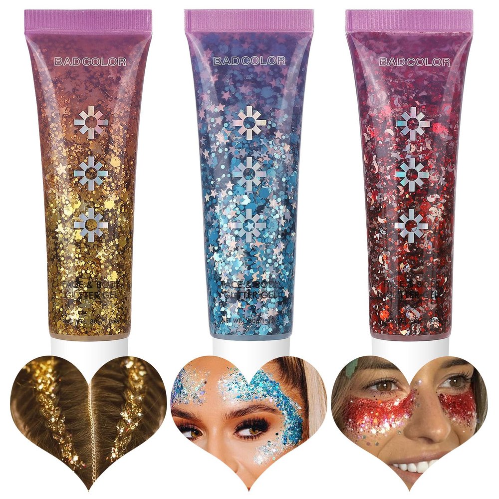 BADCOLOR Gold Blue Red Face Body Glitter Set, Holographic Shimmer Chunky Glitters for Hair Nails Eye Lips, Music Festival Concert Rave Accessories Party, Sparkling Mermaid Sequins Gel Makeup Kit