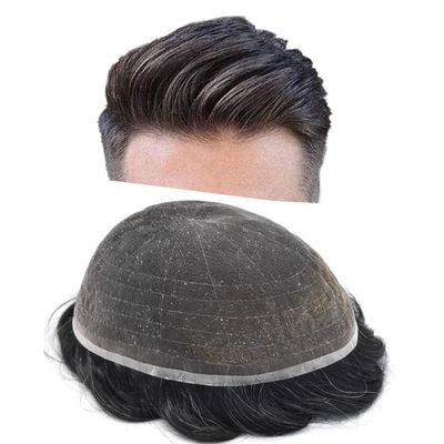 Full French Lace Toupee for Men Human Hair System for Men Bleached Knots with Natural Hairline Breathable Hairpiece #1B20 Off Black with 20% gray hair -100% density, 6"X8"