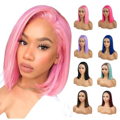 13x4.5inch Middle Bang Machine Made Short Straight Synthetic Hair Toppers for Thinning,12inch Front Lace Wigs for Woman (Fluorescent-green 16inch)
