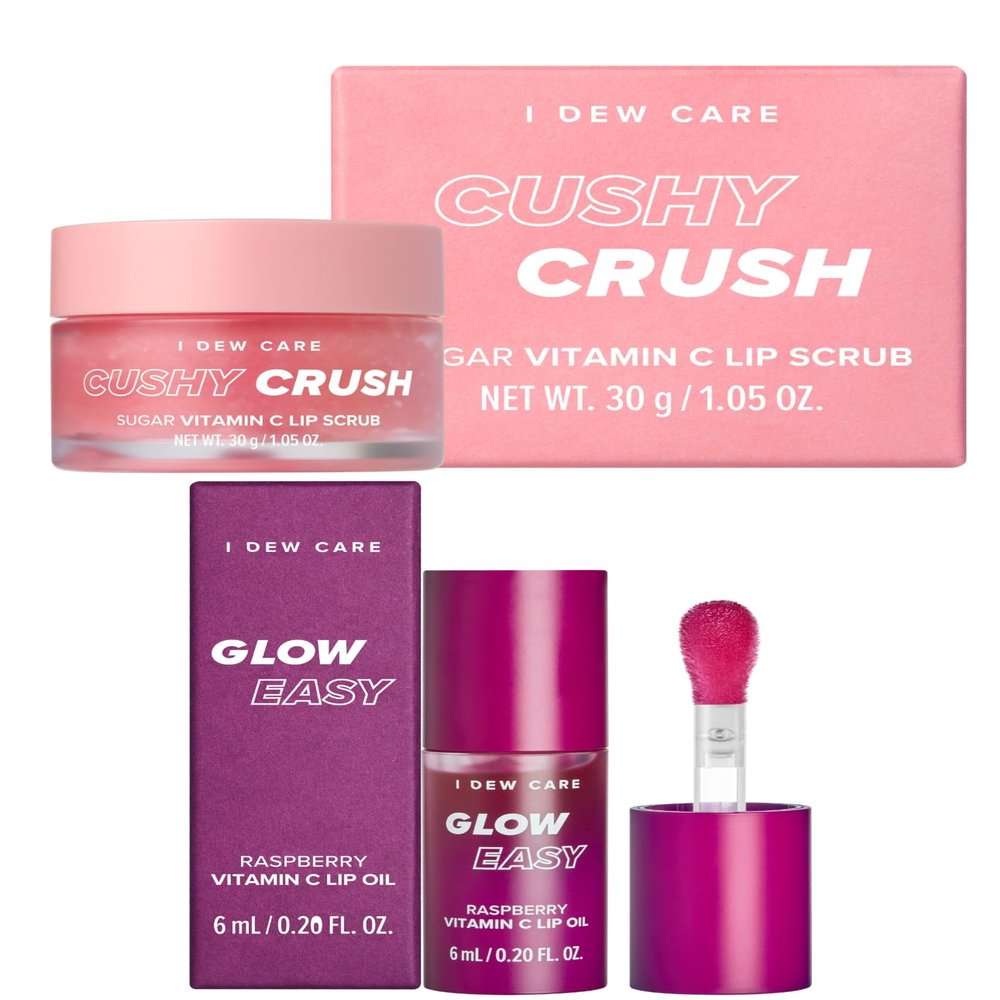I DEW CARE Lip Scrub - Cushy Crush, 1.05 oz. + Lip Oil - Glow Easy Raspberry, 0.20 Fl Oz Bundle