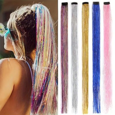 10pcs/set 60cm/24 inch One Piece Clip on Hair Tinsel Extensions Holographic Colorful Clip in Hair Extensions for Women (blue)