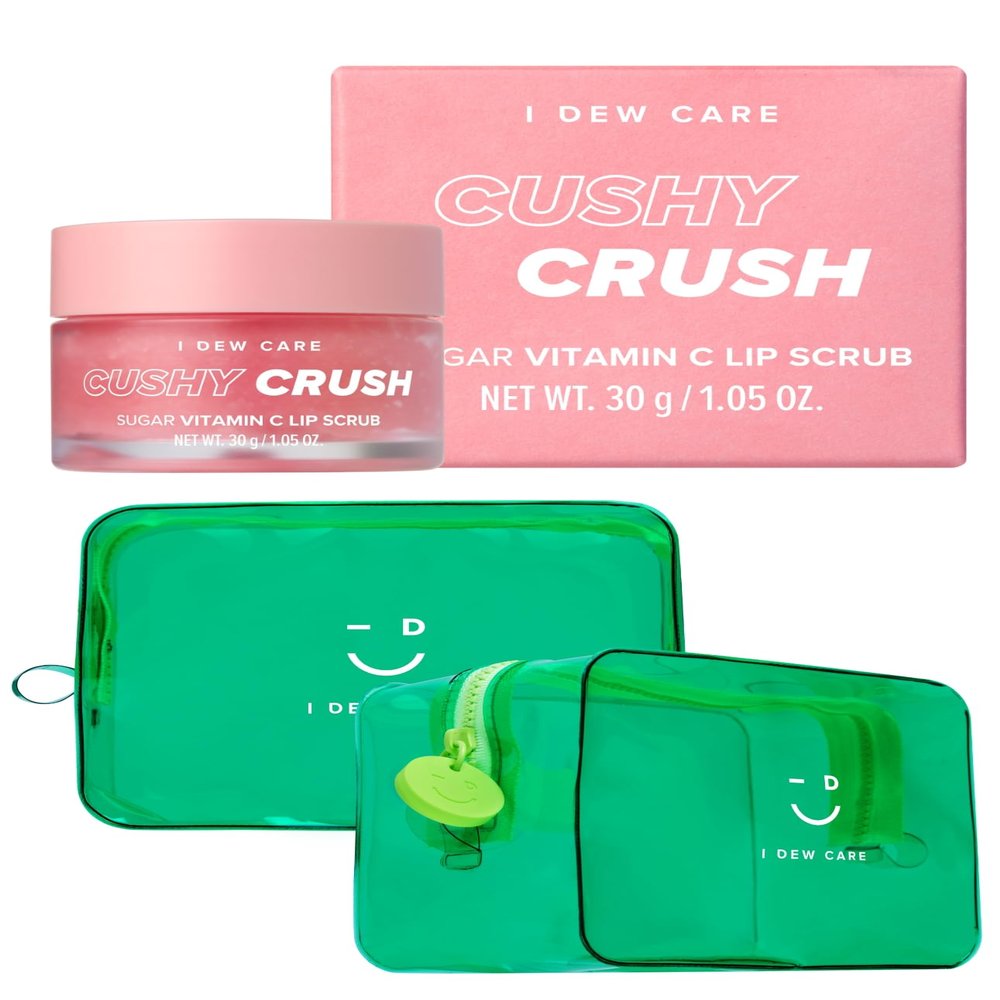 I DEW CARE Lip Scrub - Cushy Crush, 1.05 oz. + Green Pouch Bundle