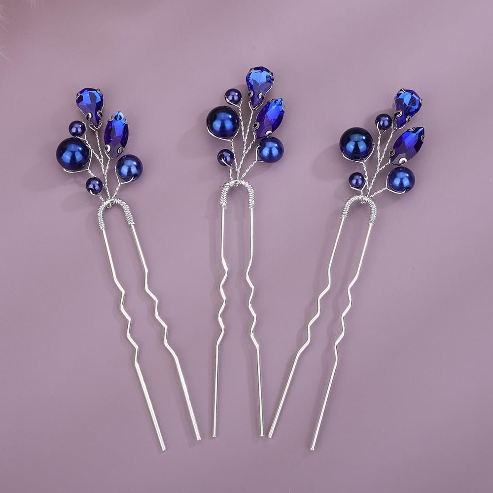 Teyglen Crystal Bride Wedding Hair Pins Blue Pearl Hair Pins Clips Wedding Hair Accessories for Bride Rhinestone Pearl Headpiece Crystal Bridal Hair Piece for Women Girls (Blue)