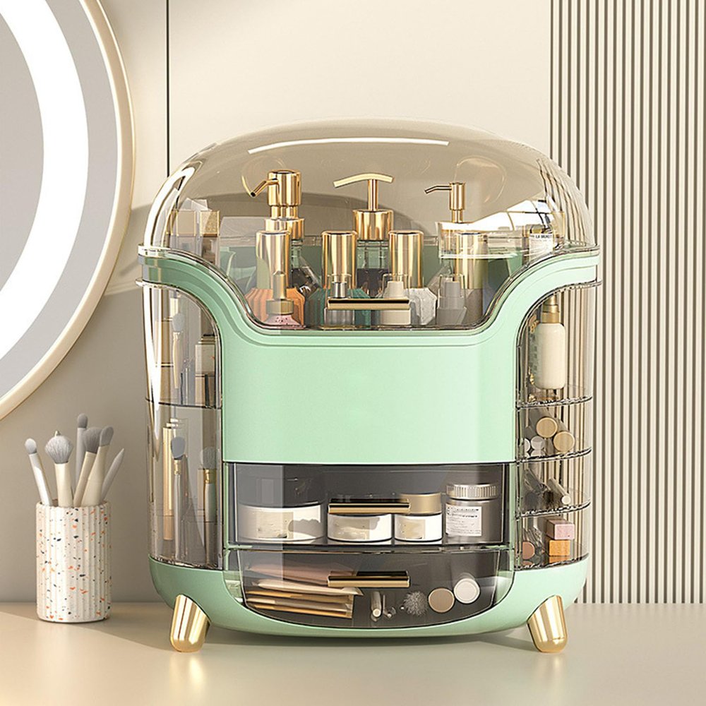ZYLLZY Makeup Organizer, Large Capacity Compartment Storage Rotatable Waterproof Transparent Vertical Makeup Organizer, Cosmetic Box for Countertop, Bathroom(Green)
