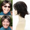 SEVENCOLORS Short Wigs for Women Dark Brown Pixie Wigs with Grey Highlights Straight Layered Synthetic Hair Wigs with Bangs view 2