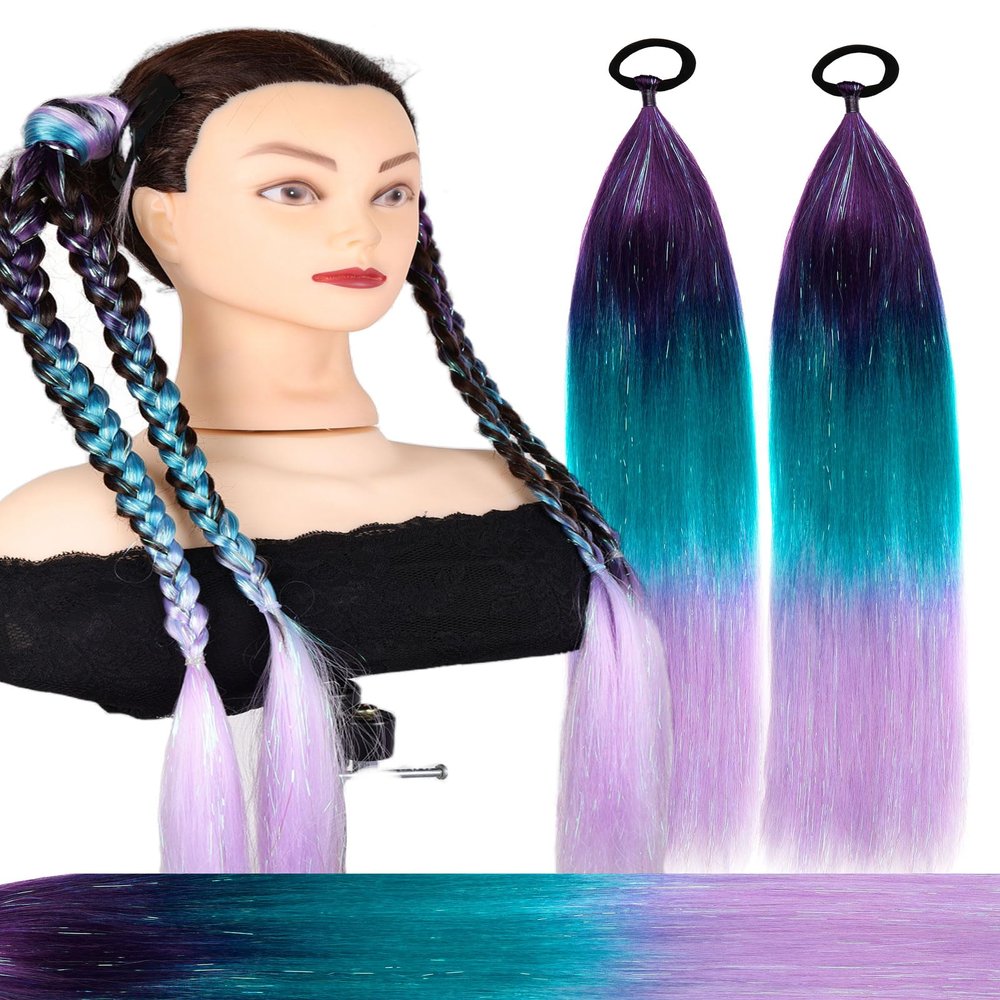 Ponytail Extension With Hair Tie 24 inch Colored Hair Extensions for Braiding Colorful Ombre Pony Tail Hair Extensions for Braids Rainbow Festival Rave Crazy Hair Day, 2 Packs